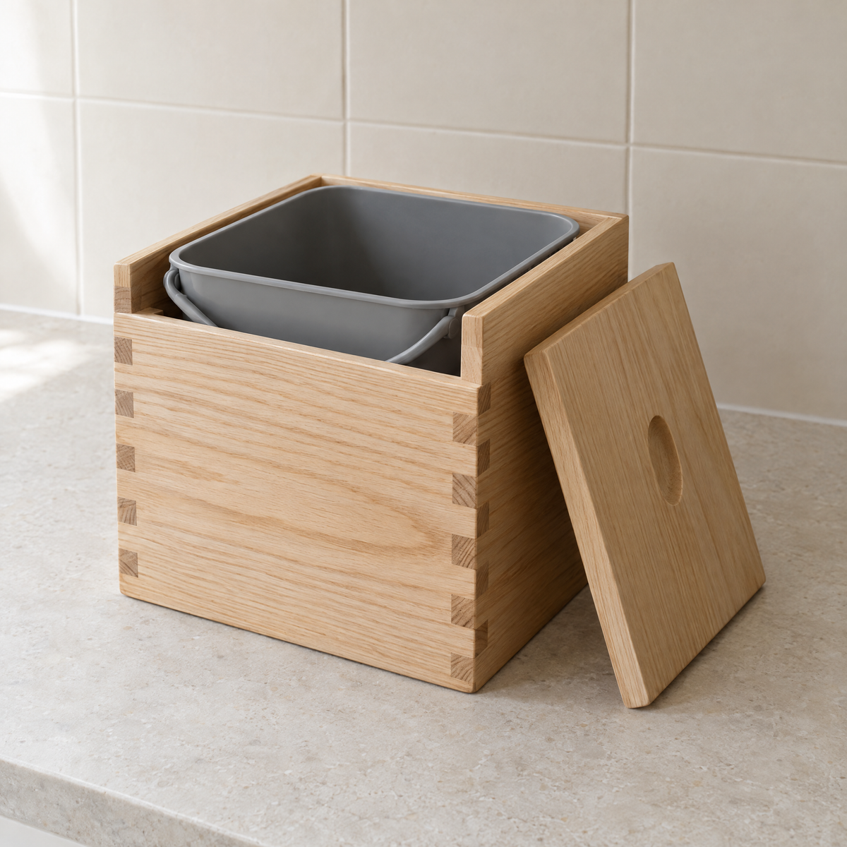 Countertop compost box in natural oiled ash with its lid off and grey pail inside