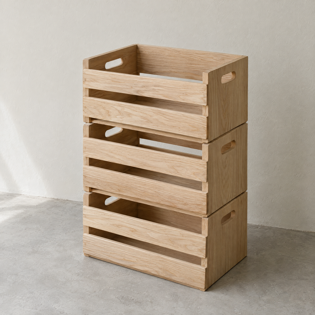 Three stacked ash sorting crates in natural oiled finish