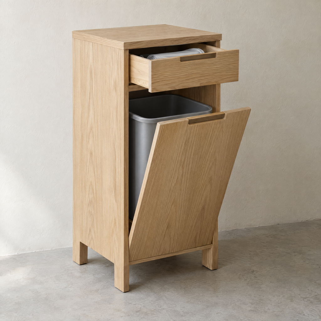 Tilt-out bin cabinet with liner drawer in natural oiled ash