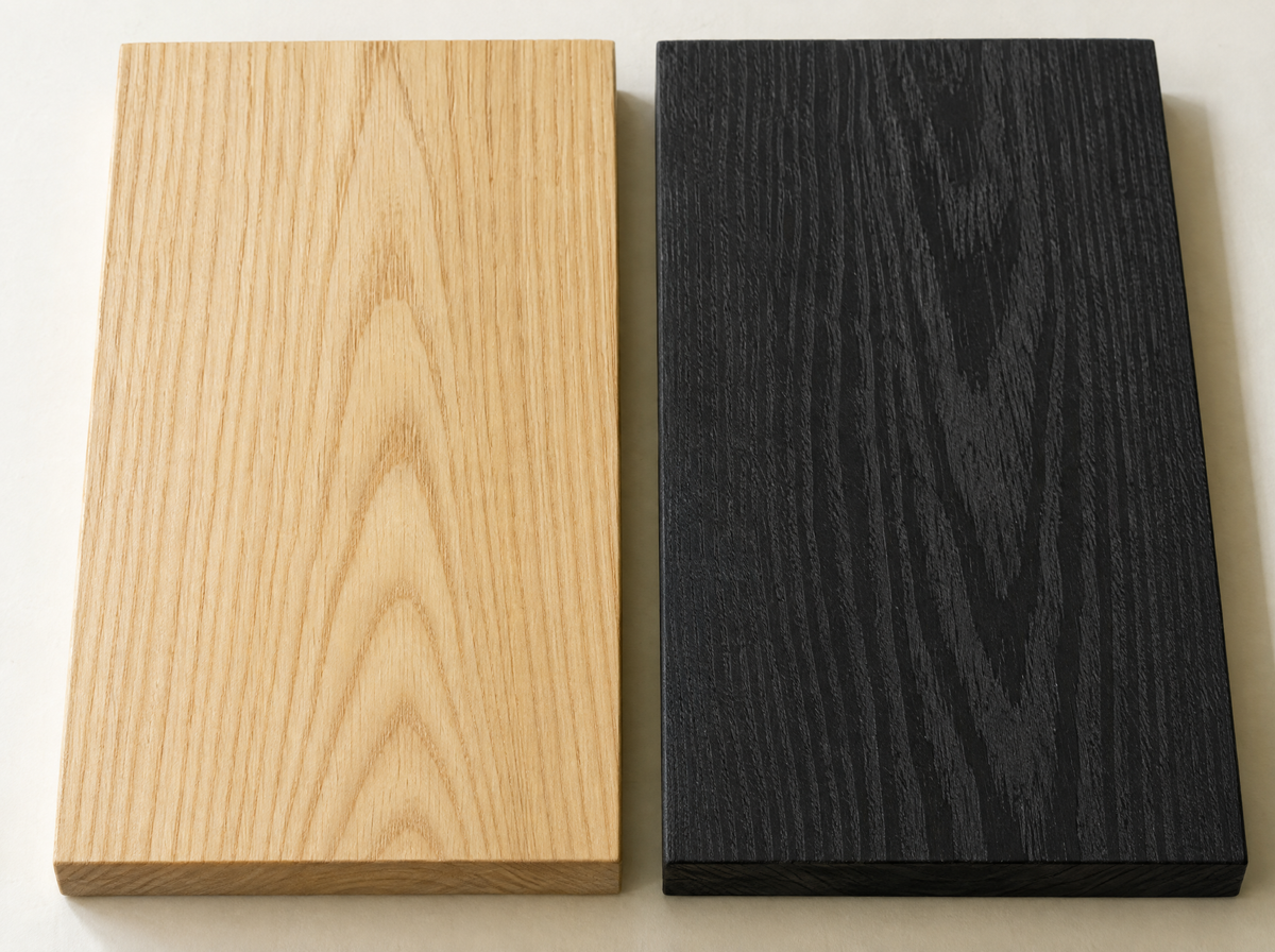 Two ash boards side by side, natural oiled and black stained