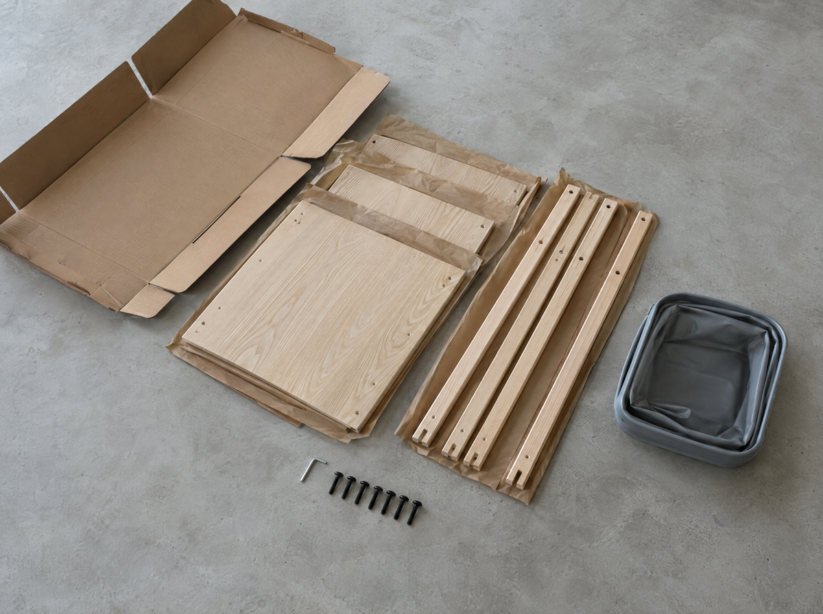Flat-pack cabinet parts laid out beside their box with hex key and bolts