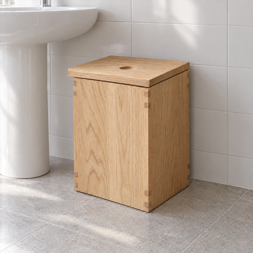 Natural ash lidded bin beside a white basin in a bathroom