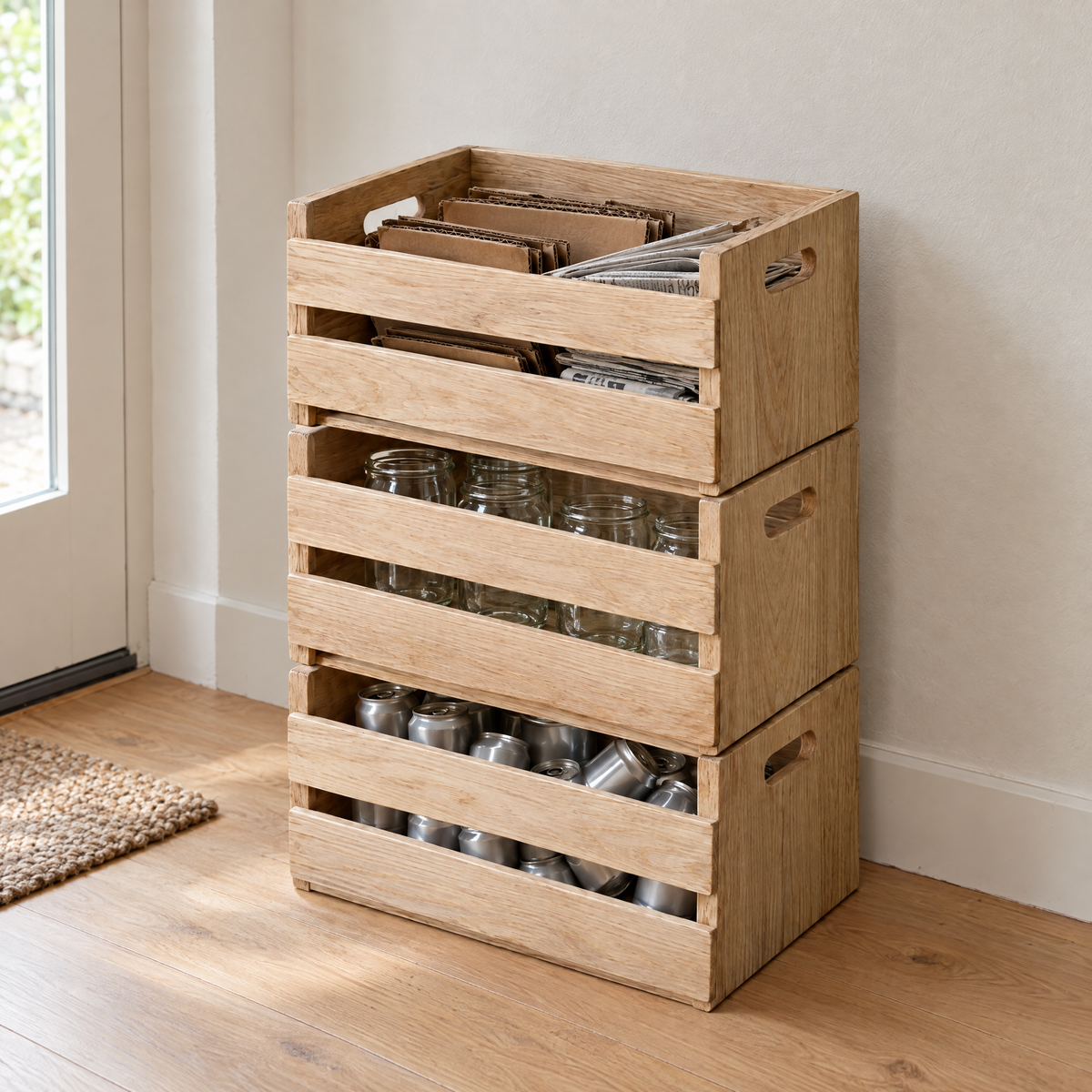 Stacked ash crates holding paper, glass jars and cans by a back door