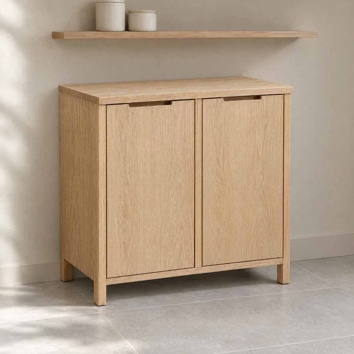 Natural ash double bin cabinet in a utility room